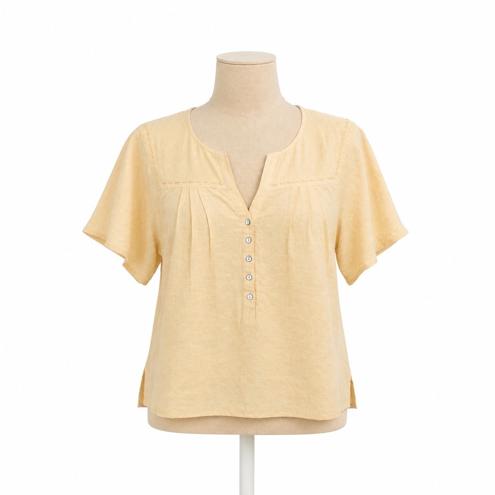 Vintage Linen Striped Button Peasant Top Sz XL Butter Yellow Cottagecore Coastal